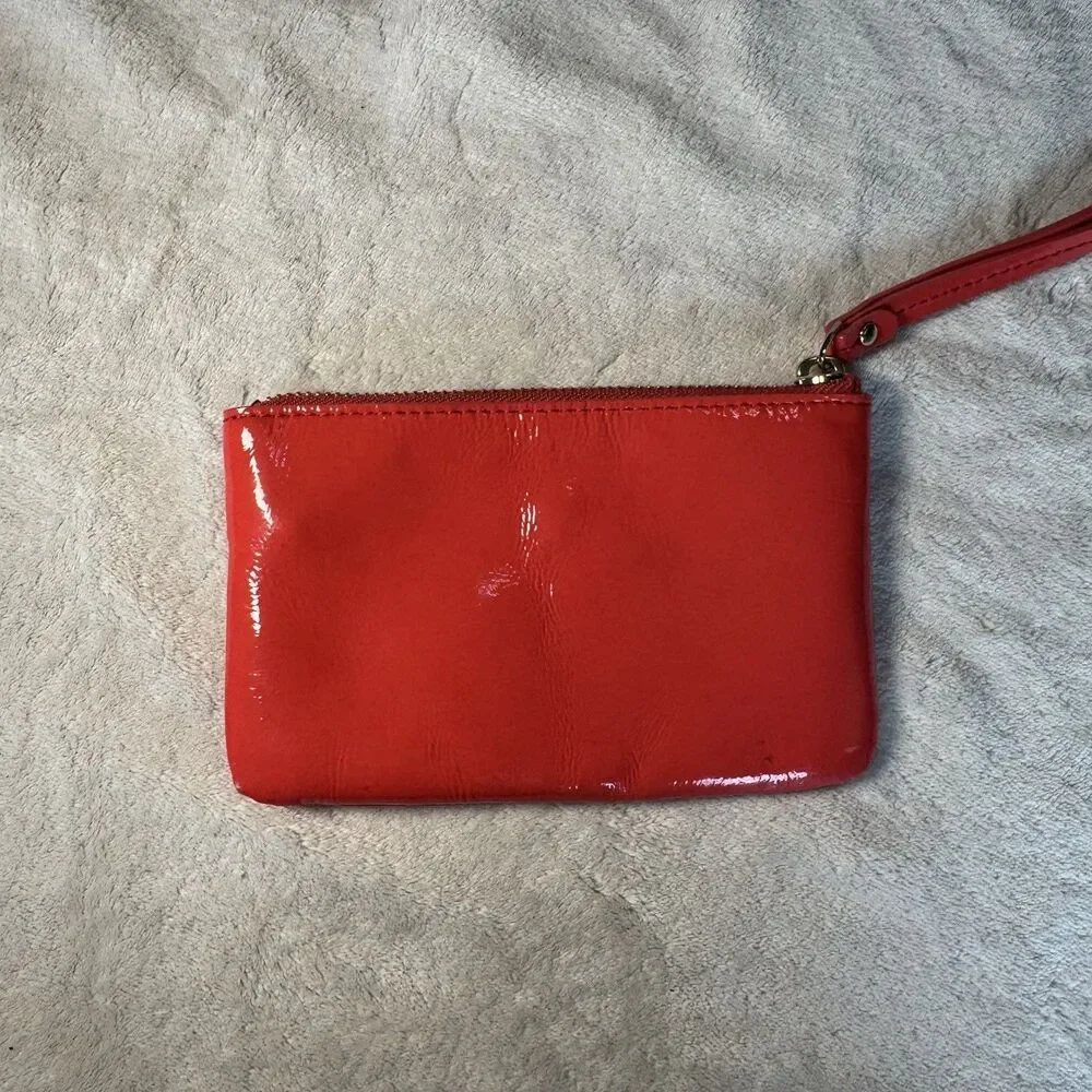 Kate Spade New York Coral Red Pink Patent Logo Zip Wristlet Pouch with Gold